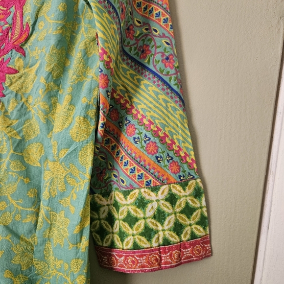 Biba 100% Cotton Floral Embroidered Green, Pink, And Yellow Kurta Dress Sz 38/XL - Picture 4 of 8